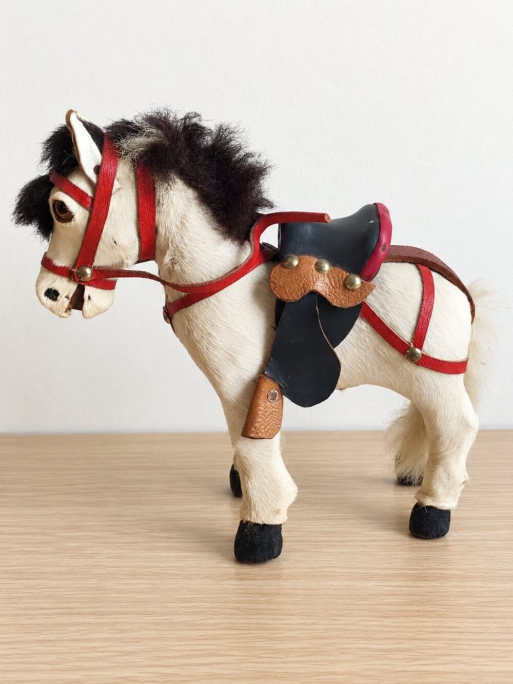WOODEN HORSE Figurine Real Fur Glass Eyes Leather Saddle Folk Art Vintage
